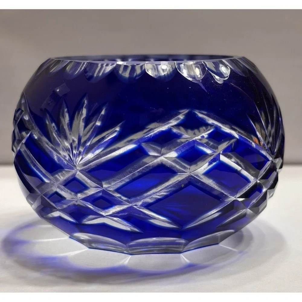 Vintage Bohemian Czech Cut To Clear Crystal Rose Bowl Votive Candle Holder Set